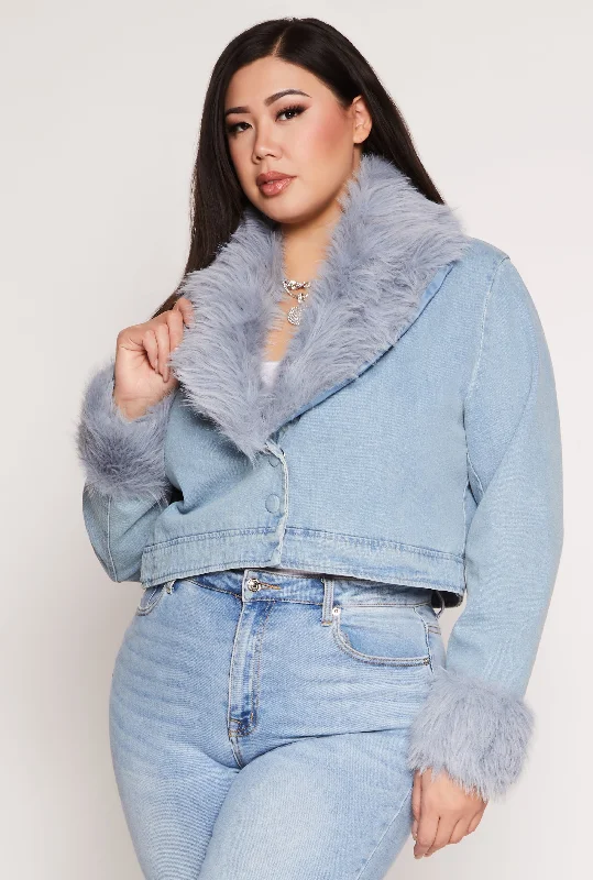 Down Jacket-Plus Size Faux Fur Trim Jean Jacket