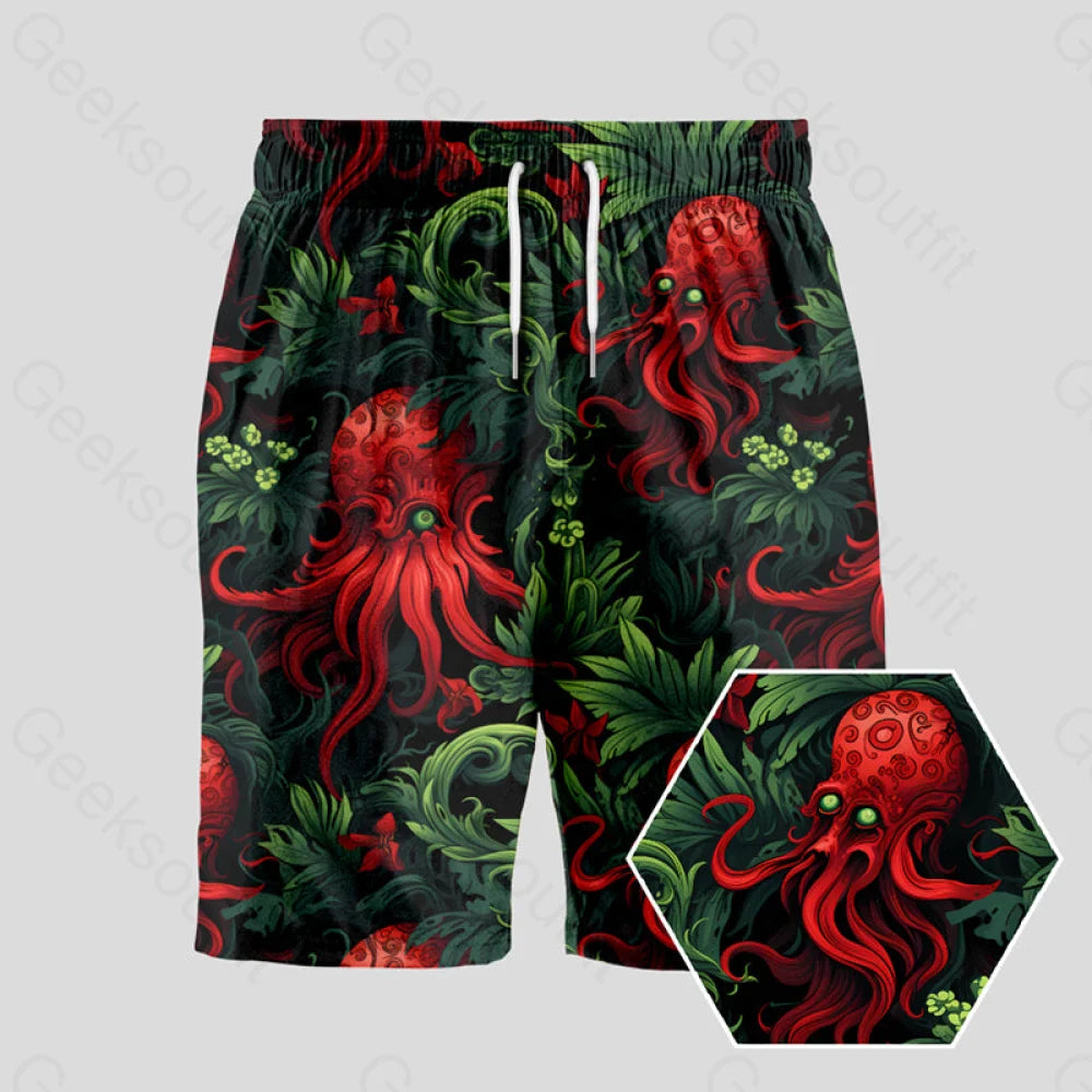 Two-Tone Shorts-Red Cthulhu Geeky Drawstring Shorts