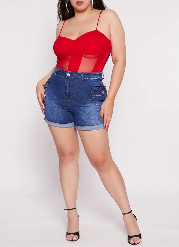 Workout Shorts-Plus Size WAX Rolled Cuff High Waisted Shorts