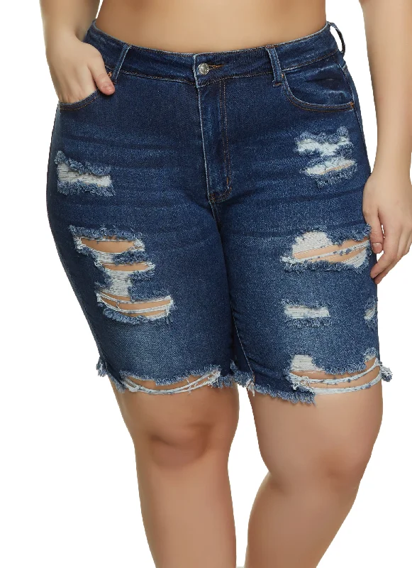 Yoga Shorts-Plus Size Distressed Denim Bermuda Shorts