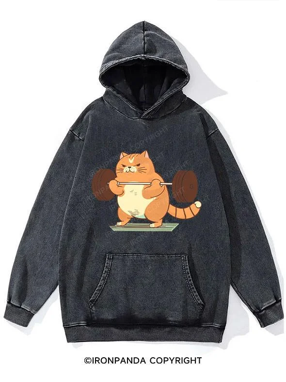 Aesthetic Hoodie-Cat Weightlifting WASHED GYM HOODIE