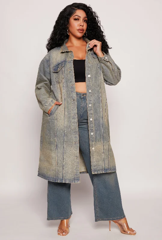 Techwear Jacket-Plus Size Light Wash Longline Jean Jacket