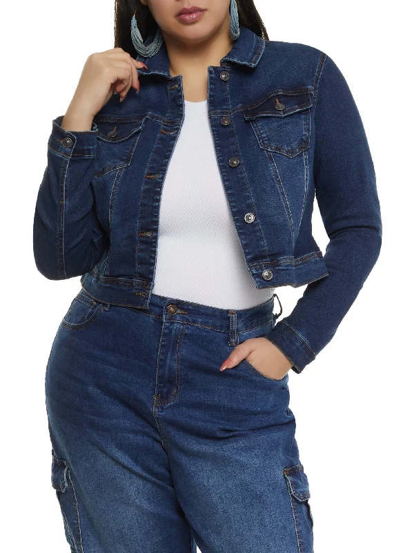 Reflective Jacket-Plus Size WAX Solid Denim Jacket