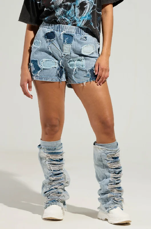 Chino Shorts-BAD IDEA DENIM PATCHWORK SHORTS