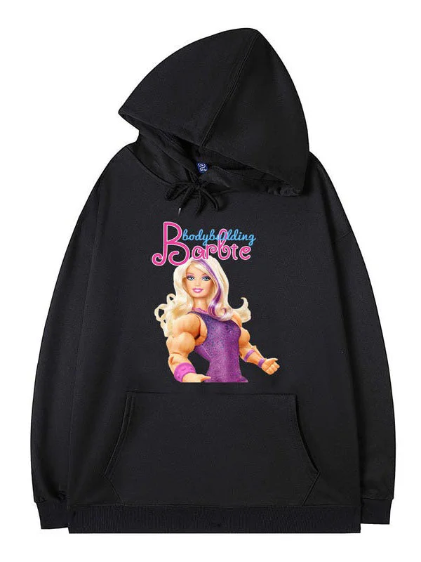 Insulated Hoodie-Bodybuilding Barbie Black Cotton Hoodie