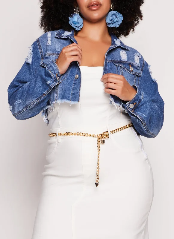 Patchwork Jacket-Plus Size Almost Famous Distressed Hem Jean Jacket