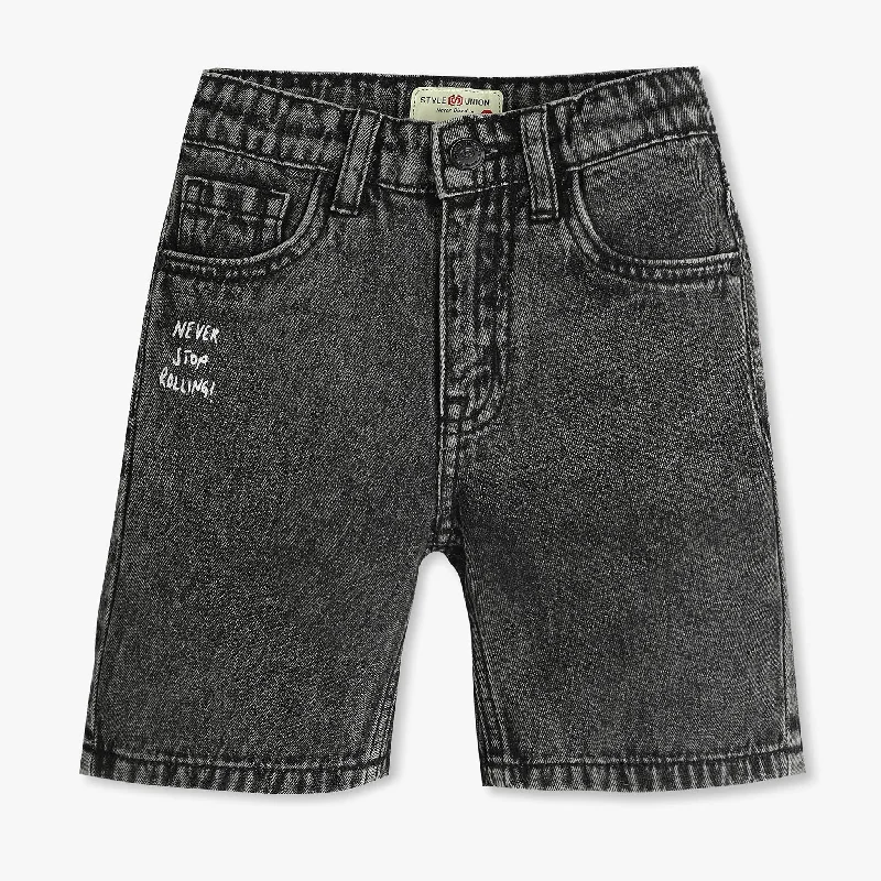 Custom Shorts-Boys Printed Heavily Washed Denim Shorts