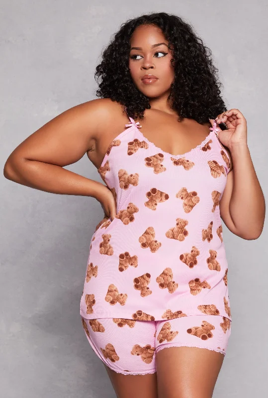 Board Shorts-Plus Size Teddy Bear Print Pajama Cami Top and Shorts