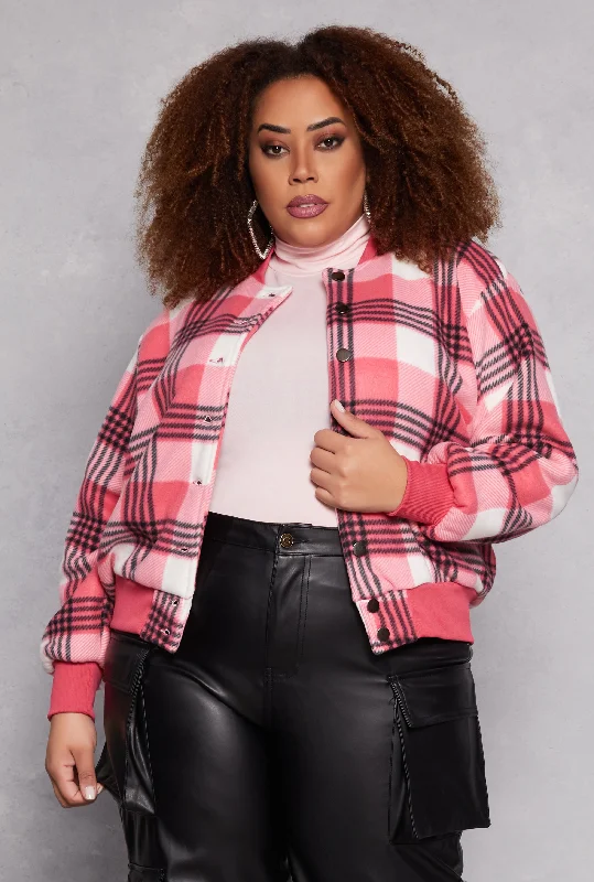 Drawstring Jacket-Plus Size Plaid Bomber Jacket