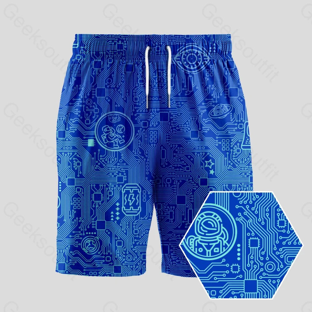 Striped Shorts-Geek Element Computer Circuit Board Blue Geeky Drawstring Shorts