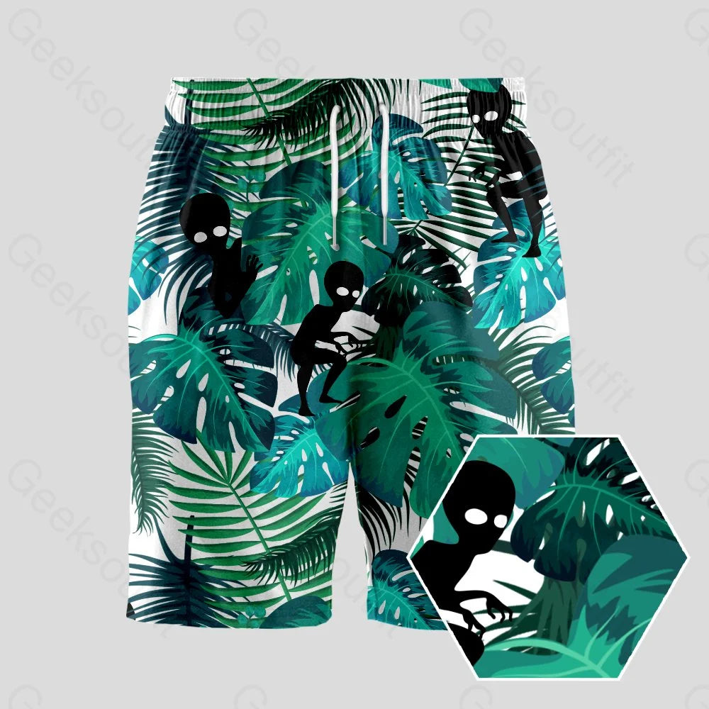 Baseball Shorts-Alien Hawaiian Style Geeky Drawstring Shorts