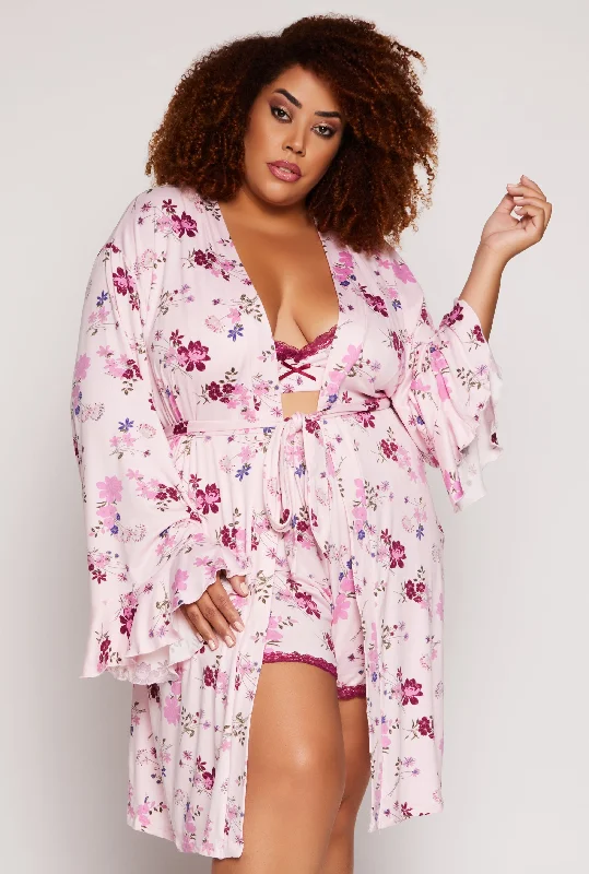 Water Resistant Shorts-Plus Size Floral Print Pajama Bralette and Shorts with Robe