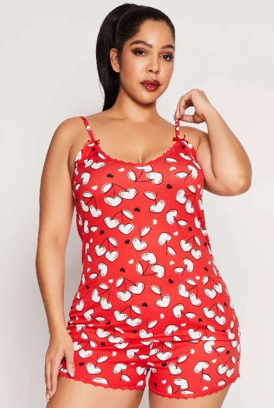 Soft Shorts-Plus Size Heart Cherry Pajama Cami with Shorts