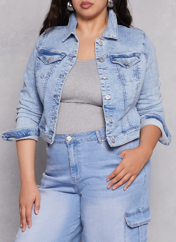 Monochrome Jacket-Plus Size WAX Acid Wash Denim Jacket