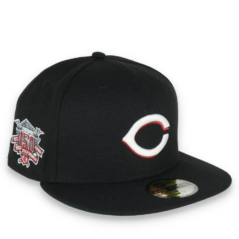 Handmade Hat-New Era Cincinnati Reds 150 Anniversary Metallic Logo Side Patch 59fifty Fitted-Black