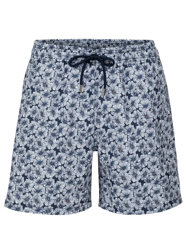 Drawstring Shorts-Navy Floral Stretch Swim Shorts