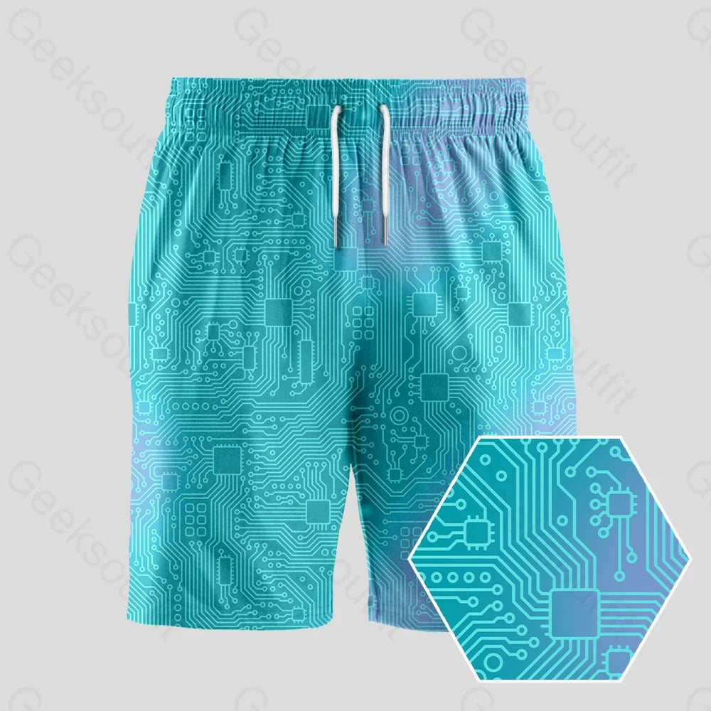 Workout Shorts-Computer Circuit Board Lake Green Geeky Drawstring Shorts