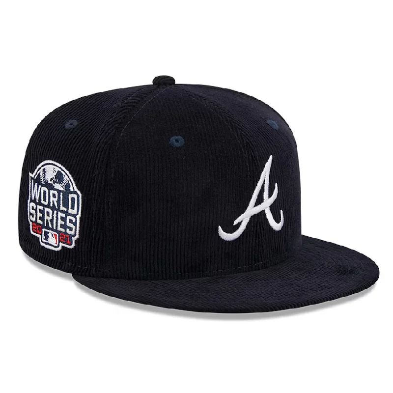 Cuffed Beanie Hat-New Era Atlanta Braves Side Patch Corduroy Fitted Hat-Navy Blue