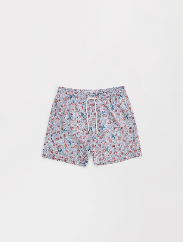 Vintage Shorts-Coral Blue Hummingbird Print Swim Shorts