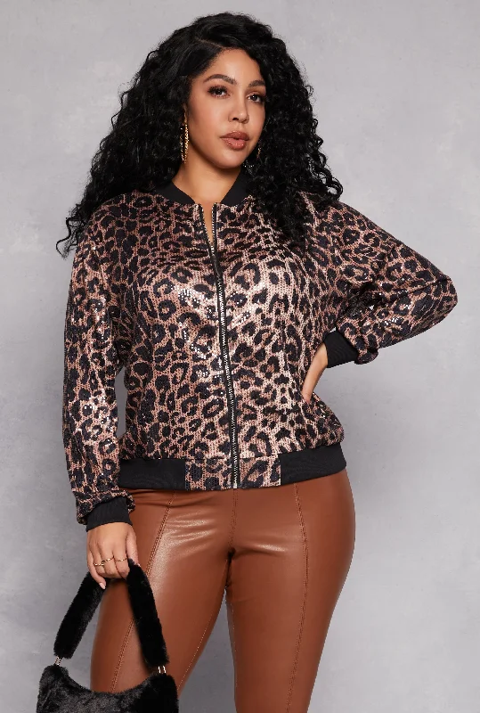 Striped Jacket-Plus Size Leopard Sequin Bomber Jacket