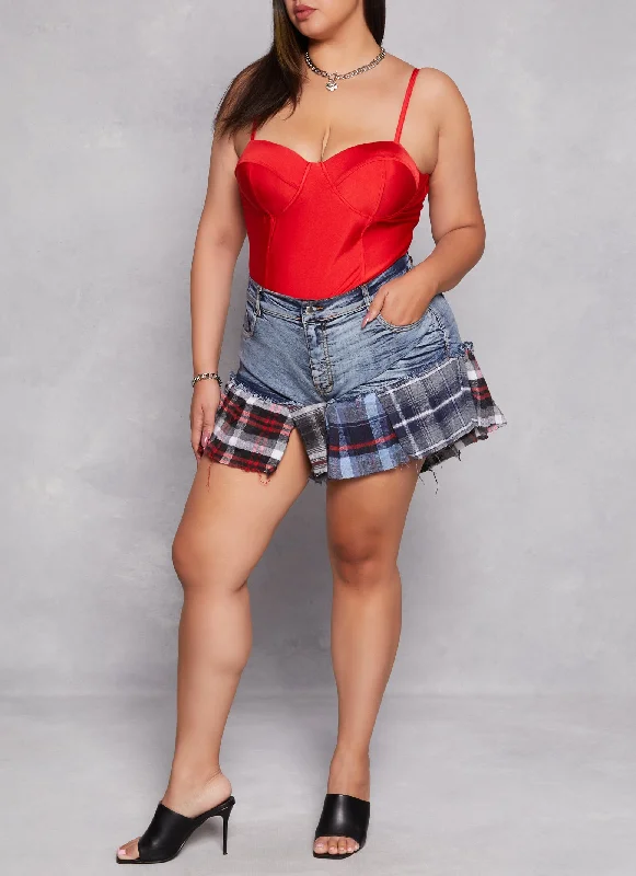 Comfy Shorts-Plus Size Plaid Patchwork Hem Denim Shorts