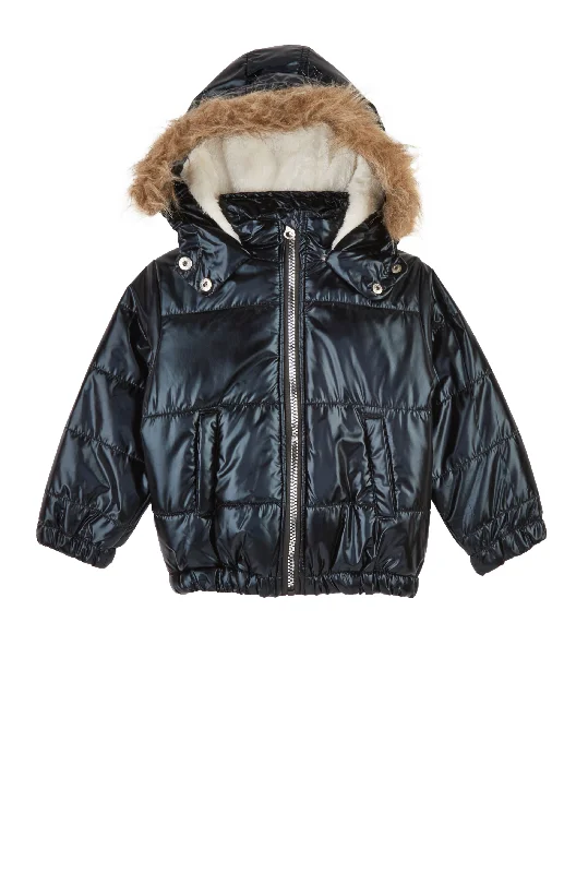 Camping Jacket-Toddler Girls Metallic Faux Fur Trim Puffer Jacket