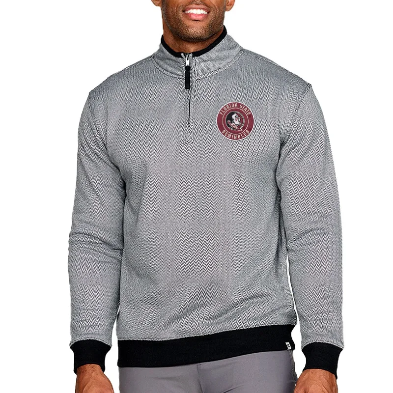 Golf Jacket-Colosseum Men's Florida State Seminoles/Seminole Logo Design 1/4 Zip Herringbone Fleece Jacket - Black