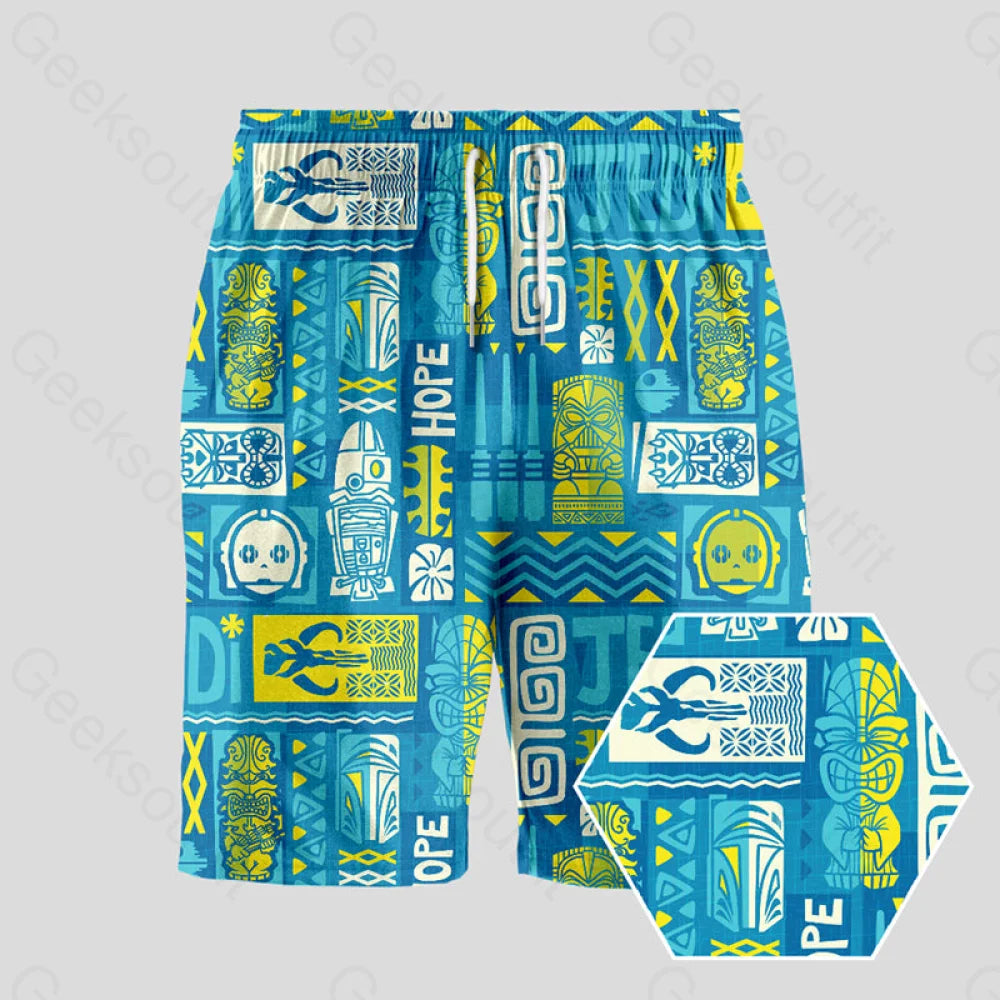 Breathable Mesh Shorts-Hawaiian Blue Totem Geeky Drawstring Shorts