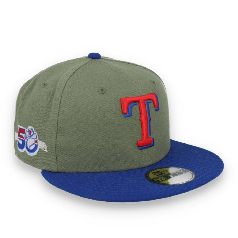 Concert Hat-New Era Texas Rangers 50th Anniversary Side Patch 59FIFTY Fitted Hat- Olive Green