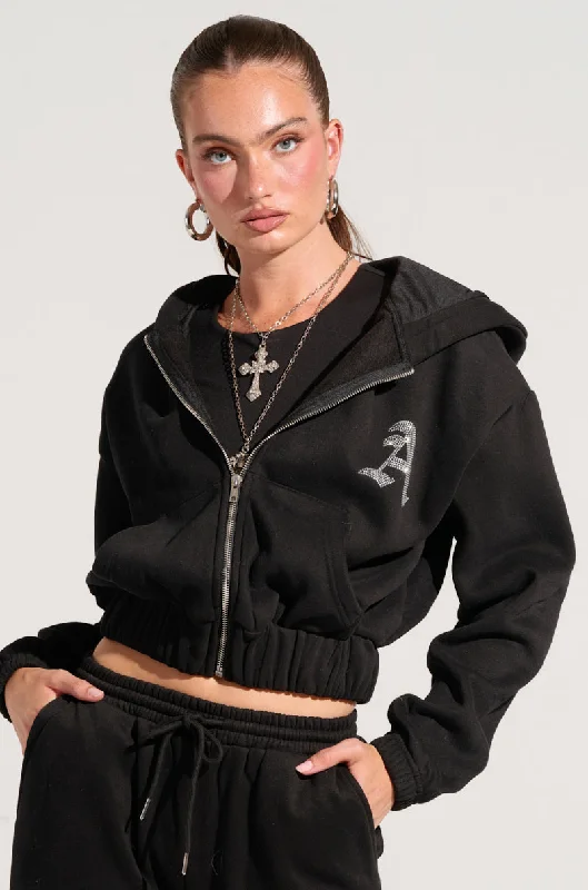 Hooded Sweatshirt-DEXTRA ZIP UP HOODIE WITH RHINESTONE DETAIL