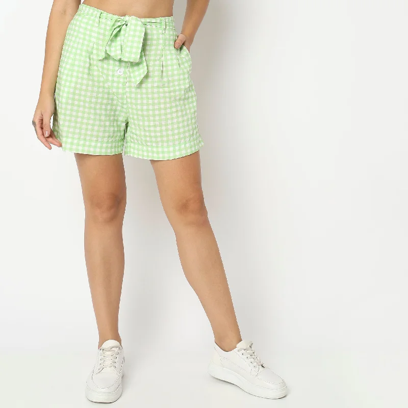 Festival Shorts-Relaxed Fit Checkered Mid Rise Shorts