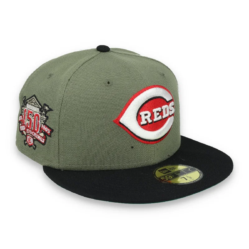 Snowboarding Hat-New Era Cincinnati Reds 150th Anniversary Side Patch 59FIFTY Fitted Hat- Olive Green