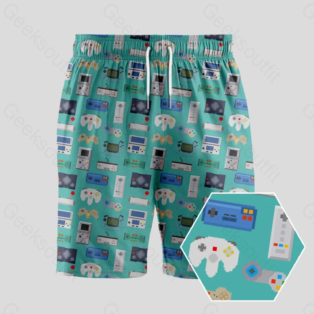 Rock Shorts-Gamer Game Controllers Green Geeky Drawstring Shorts