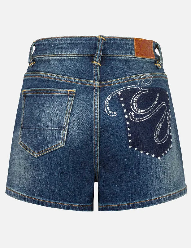 Multi-Pocket Shorts-“EV” Rhinestone Embellished Loose Fit Denim Shorts