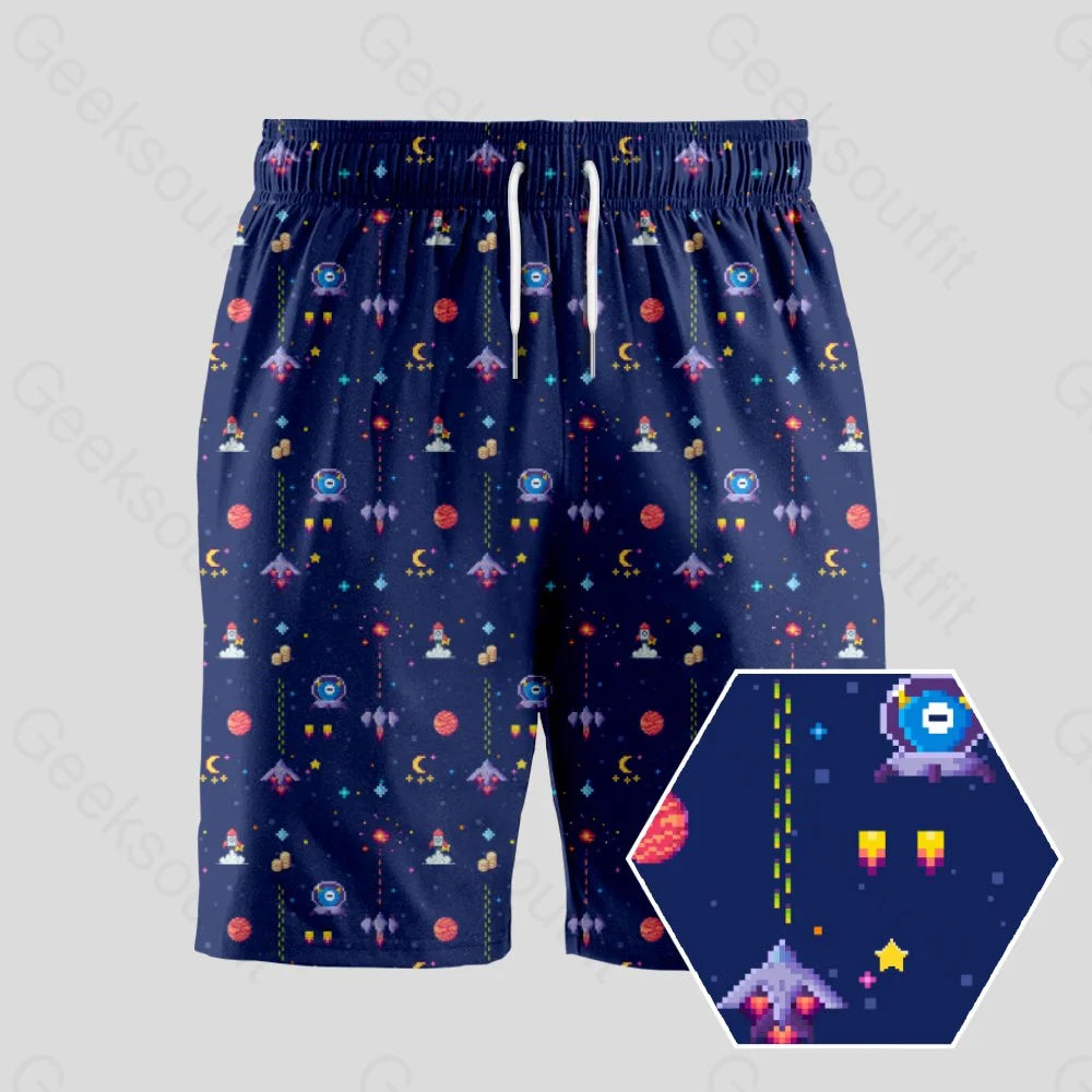 Neon Shorts-Retro Style Arcade Video Game featuring Space Blue Geeky Drawstring Shorts