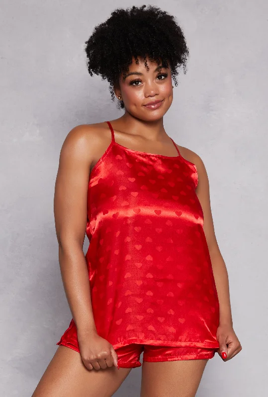 Festival Shorts-Plus Size Satin Heart Pajama Cami with Shorts