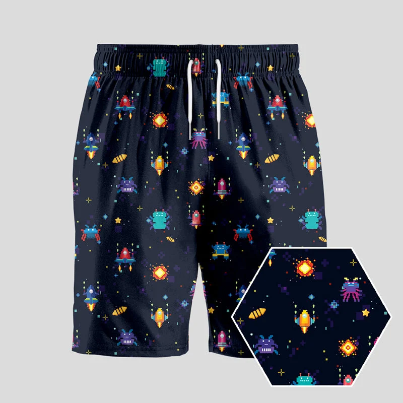 Skate Shorts-Pixel Style Retro Game Geeky Drawstring Shorts