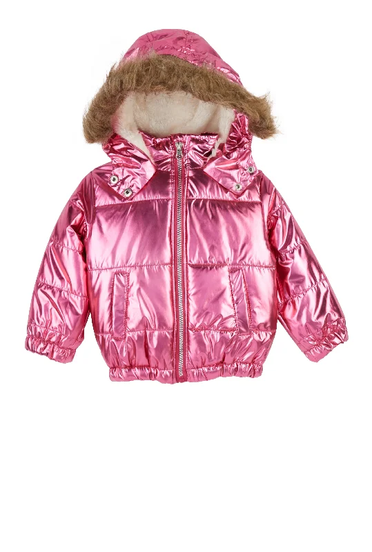 Hiking Jacket-Toddler Girls Metallic Faux Fur Trim Puffer Jacket