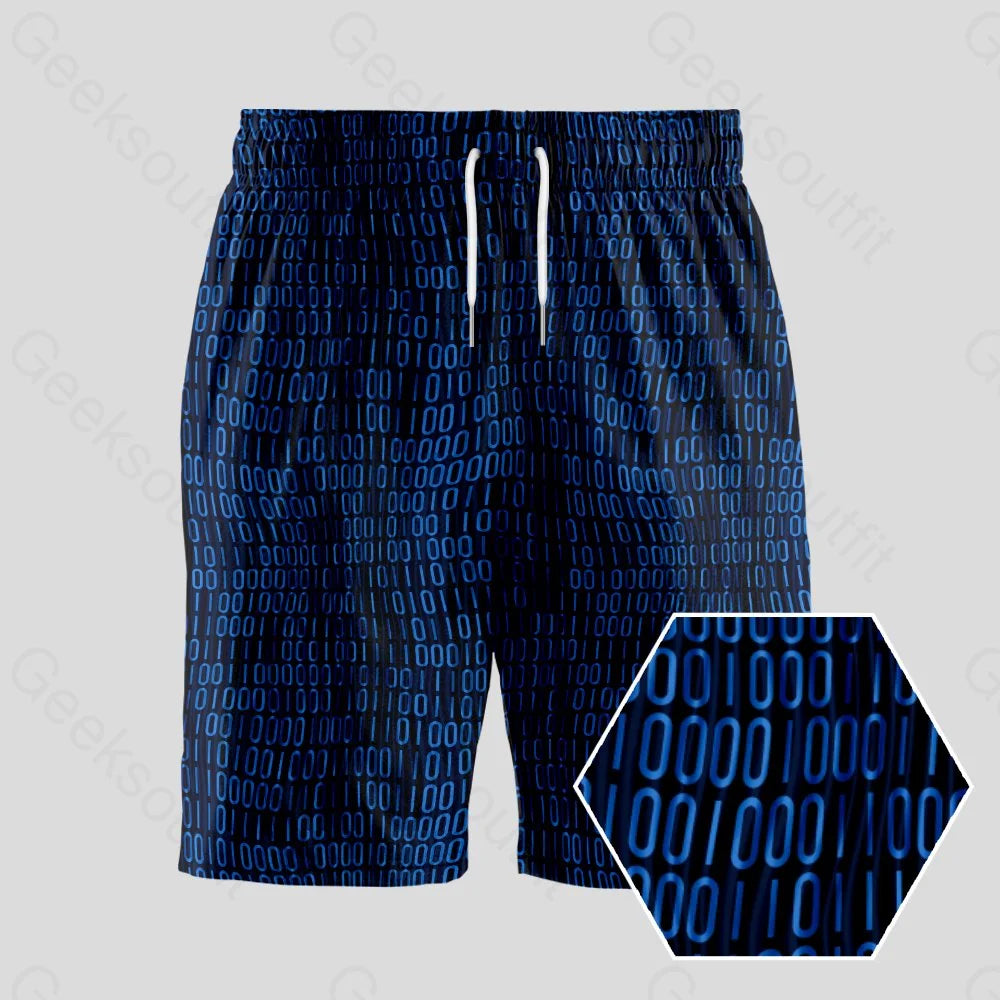 Elastic Shorts-Curved Binary Computer 1s and 0s Blue Geeky Drawstring Shorts