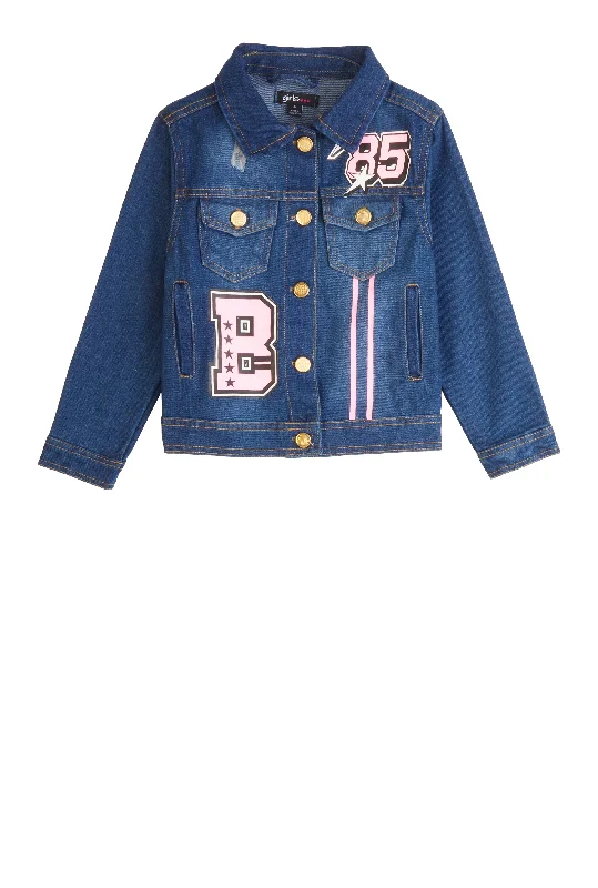 Windbreaker Jacket-Little Girls B Patch Graphic Jean Jacket