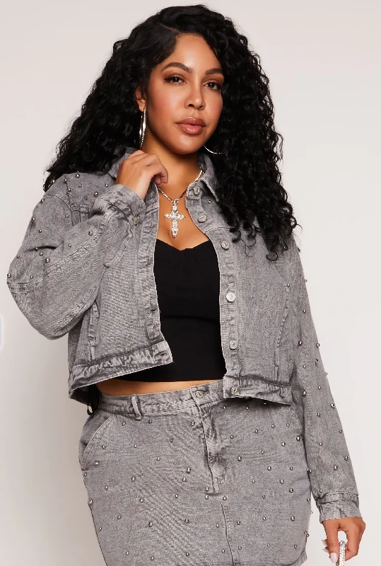 Grunge Jacket-Plus Size Beaded Acid Wash Denim Jacket