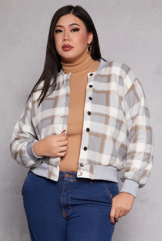 Retro Jacket-Plus Size Plaid Bomber Jacket