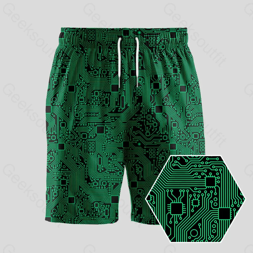 Multi-Pocket Shorts-Computer Circuit Board Green Geeky Drawstring Shorts