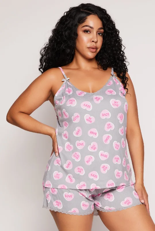 Party Shorts-Plus Size Heart Graphic Print Pajama Cami and Shorts