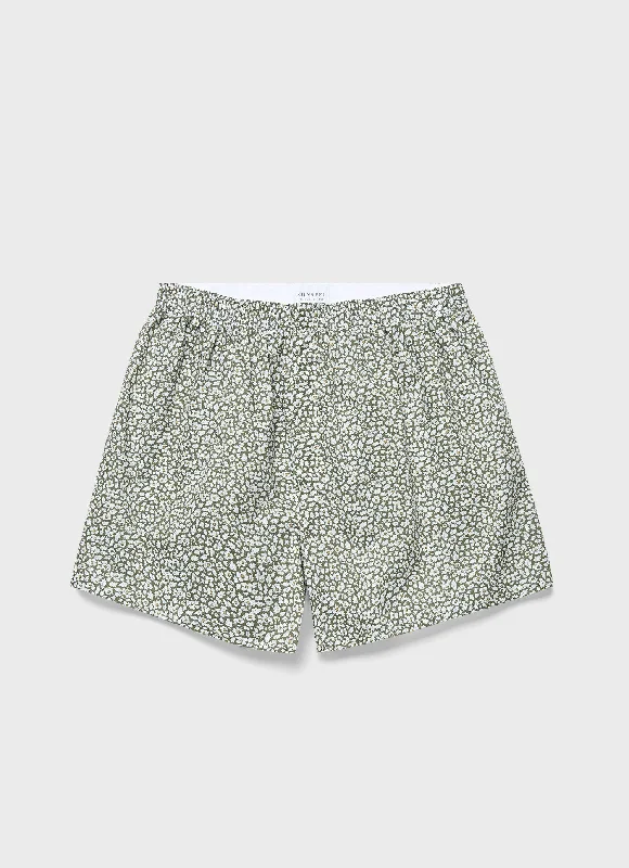 Sleep Shorts-Men's Classic Boxer Shorts in Liberty Fabric in Khaki Feather Meadow