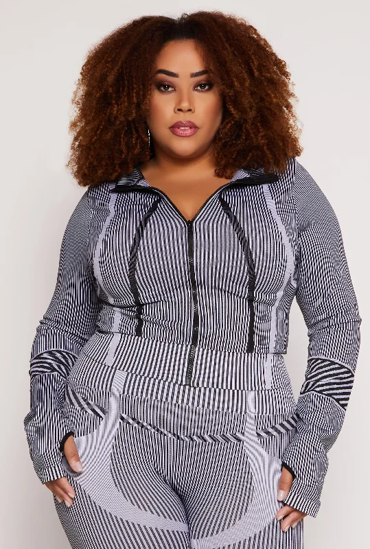 Button-Up Jacket-Plus Size Seamless Striped Track Jacket