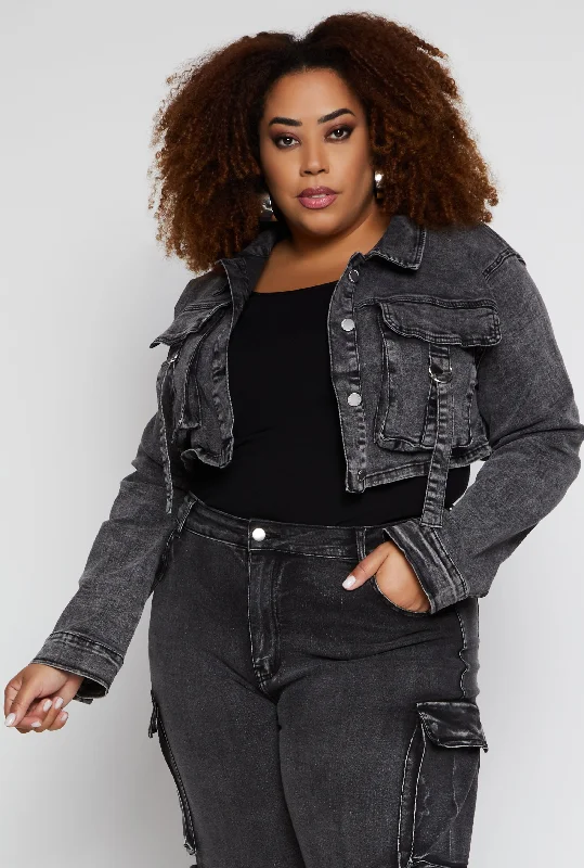 Classic Jacket-Plus Size Daisy Cargo Pocket Denim Jacket