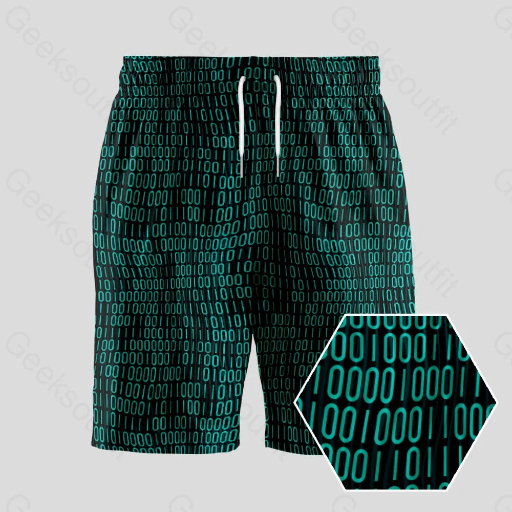 Comfy Shorts-Curved Binary Computer 1s and 0s Dark Green Geeky Drawstring Shorts