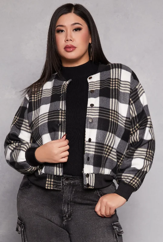 Streetwear Jacket-Plus Size Plaid Bomber Jacket