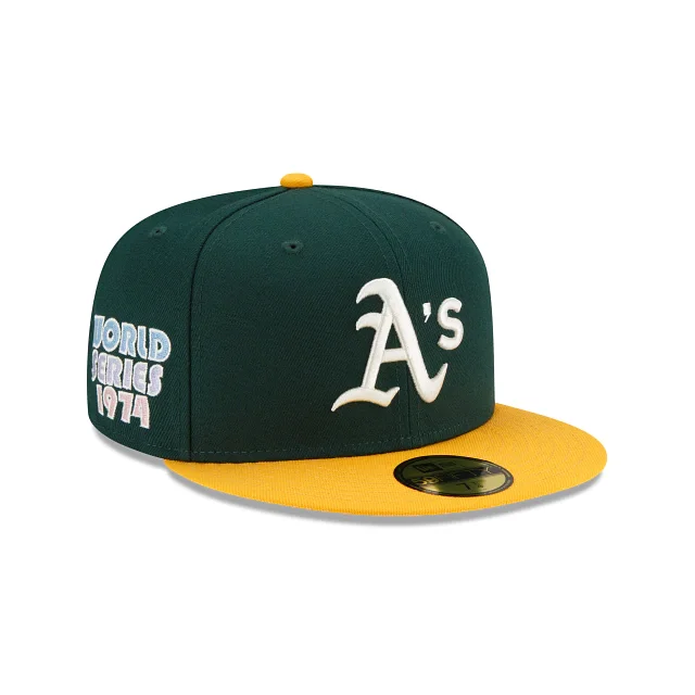 Curved Brim Hat-New Era Oakland Athletic1974 WORLS SERIES PATCH POP SWEAT 59Fifty Fitted Hat-GREEN